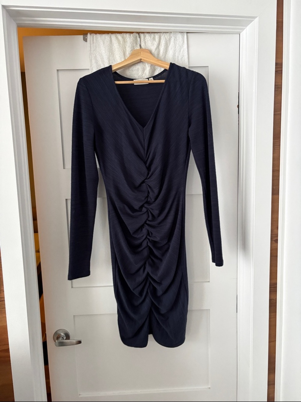 RD Style Navy Long Sleeve Ruched V-Neck Dress